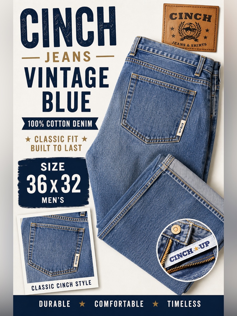 Vintage CINCH UP Men’s Jeans 36x32 Light Wash Relaxed Straight Leg Western Denim